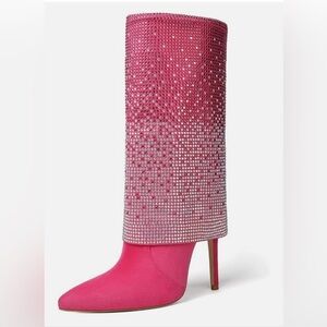 vivianly Womens Pointed Toe Stiletto Heel Boot Rhinestones Mid-Calf Boots Pink